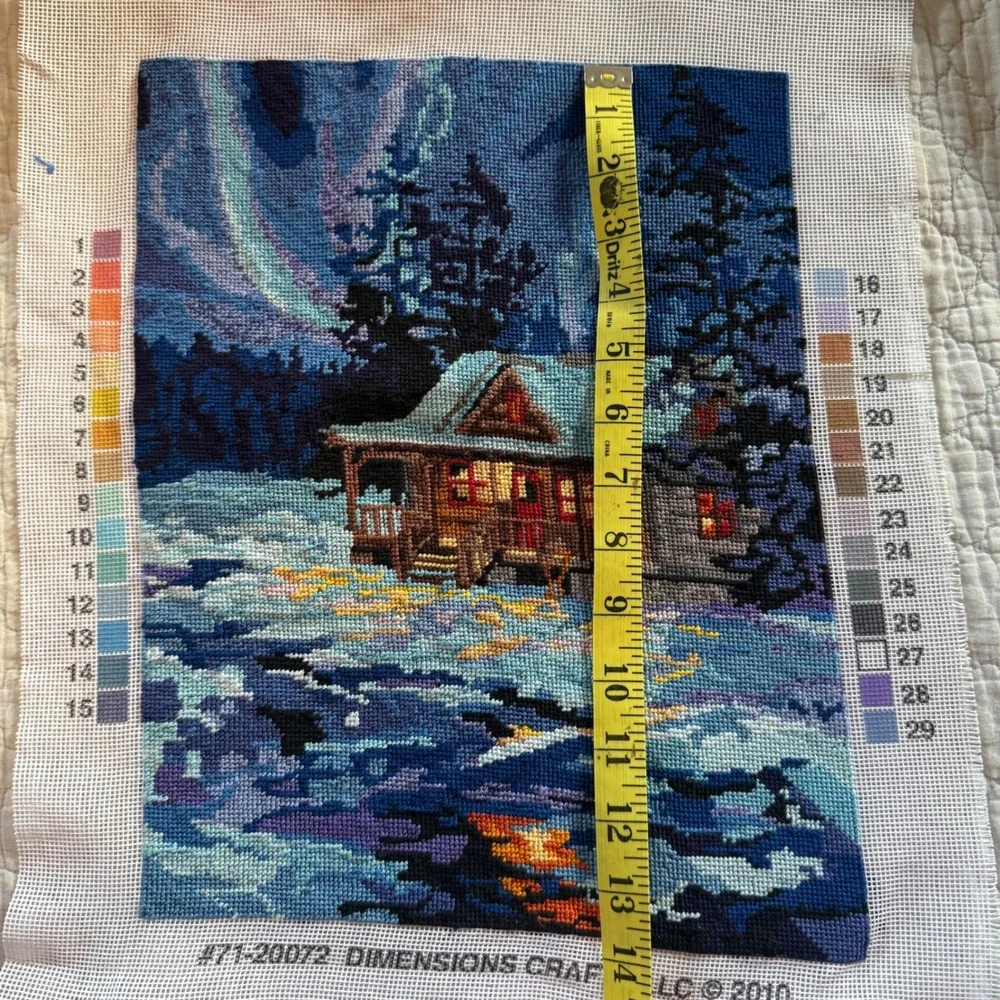 Needlepoint Northern Lights Winter Cabin Finished Handmade Art 11 x 14